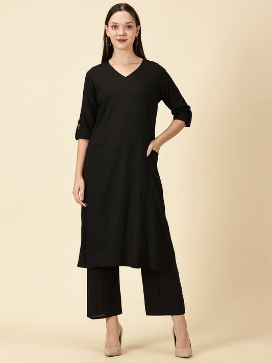 Black Cotton Viscose Lycra Kurta - Classic Workwear Edits