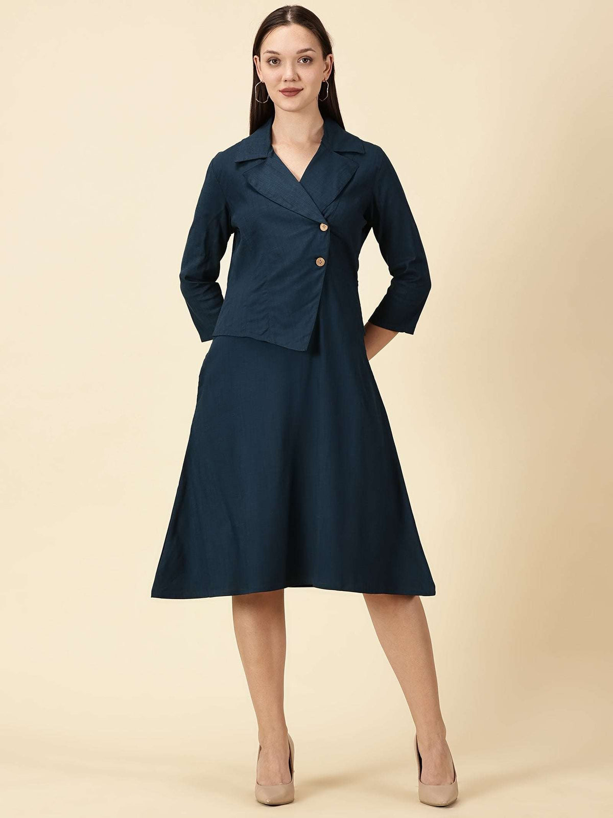 Cotton Lycra Blazer Dress-Teal Blue