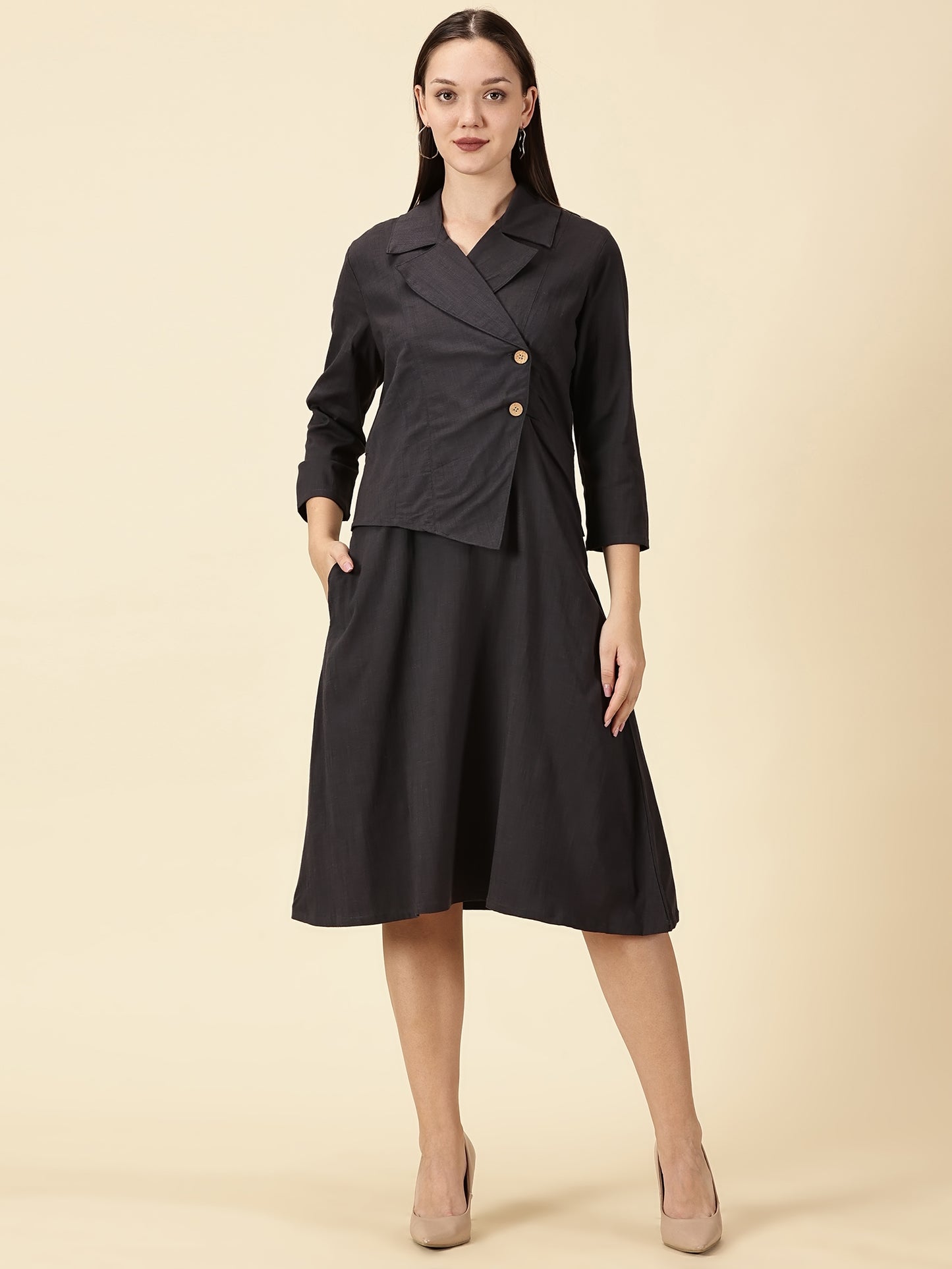 Cotton Lycra Blazer Dress-Grey