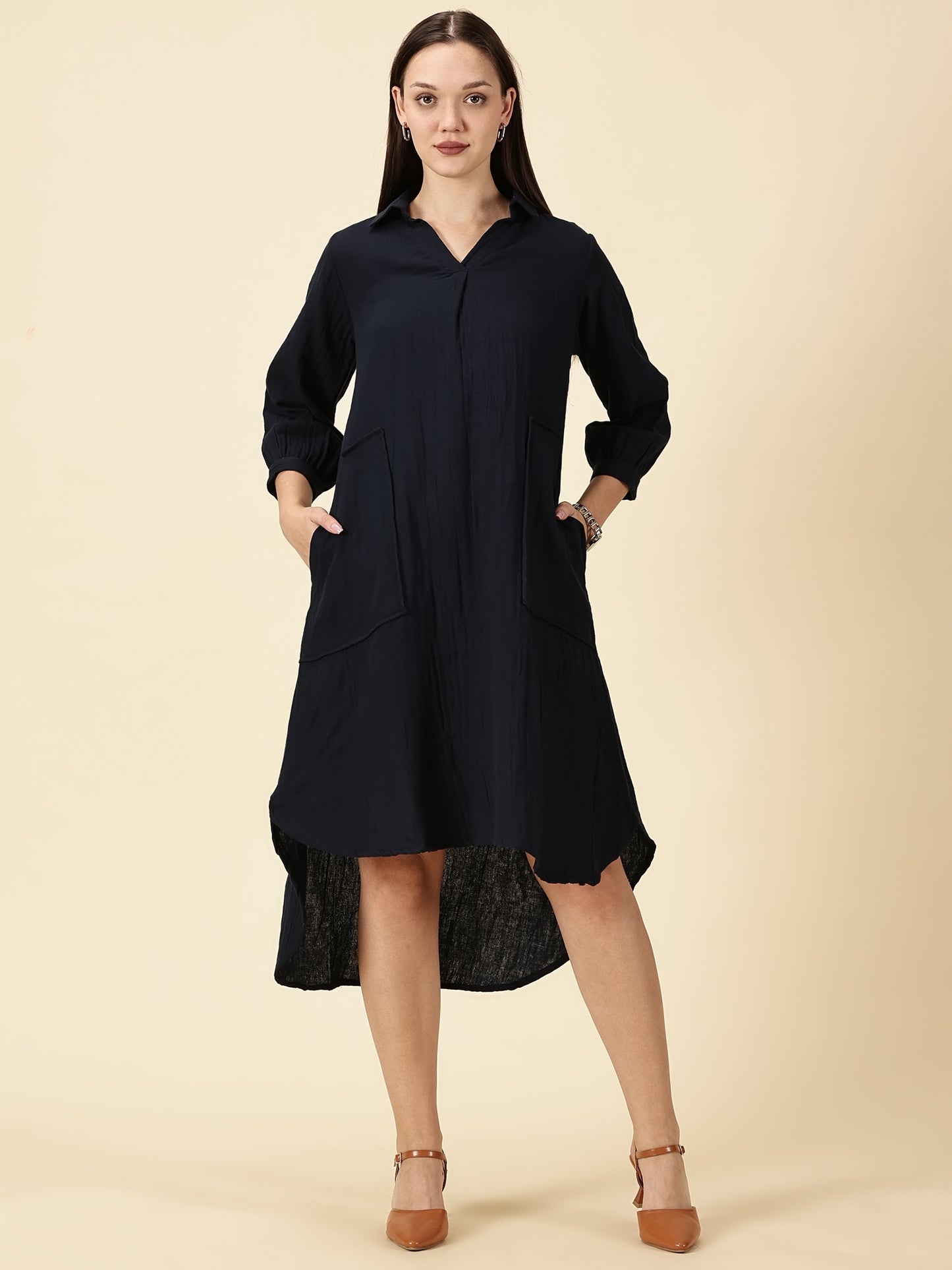 Summer Shirt Dress-Navy Blue