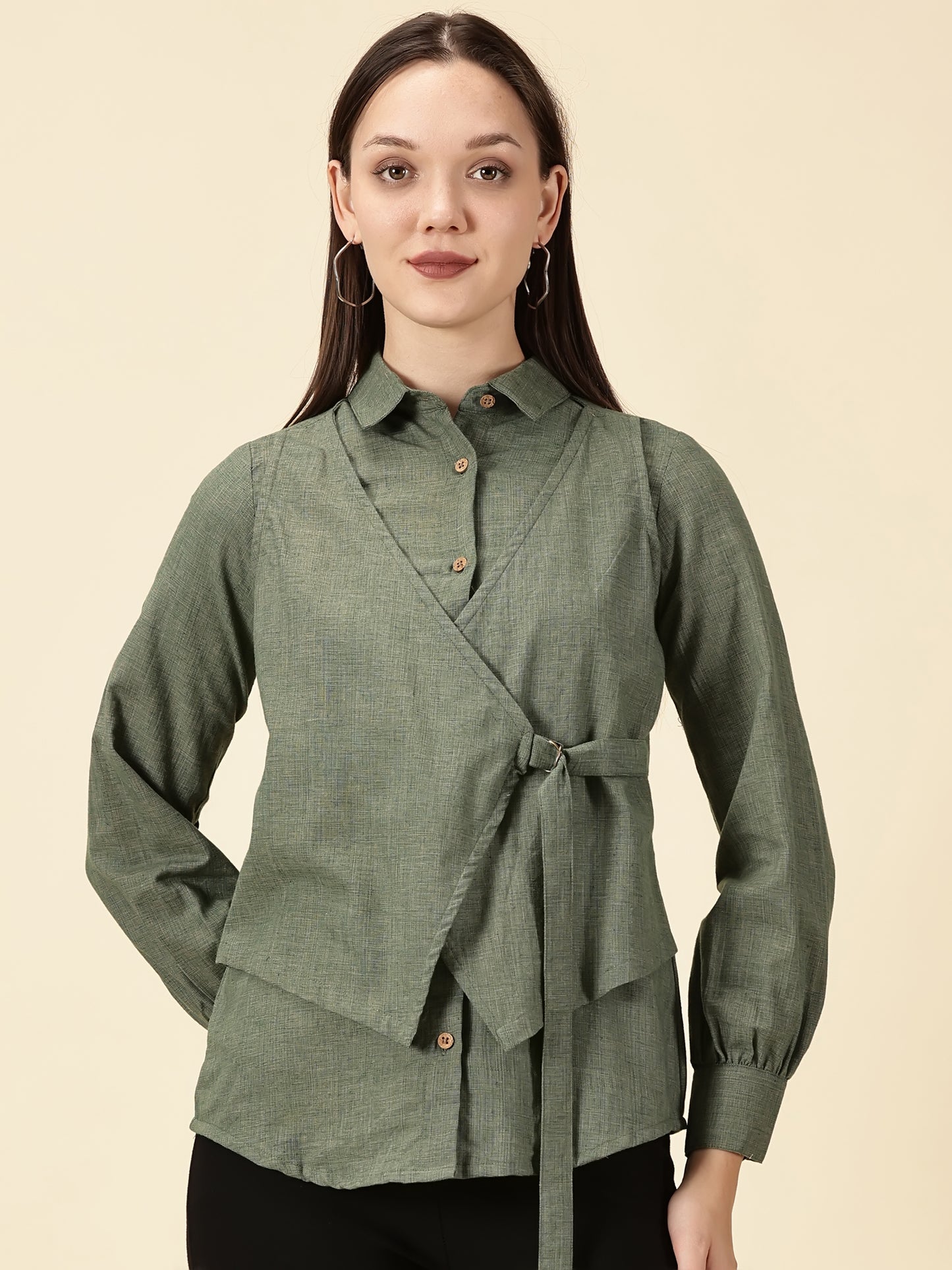 Modern Cotton Wrap Shirt-Olive Green