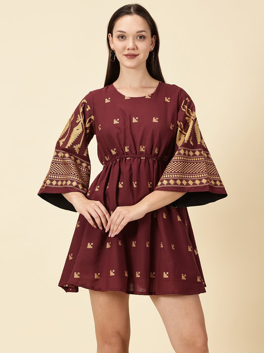 Bell Sleeve Jamdani Dress-Marron