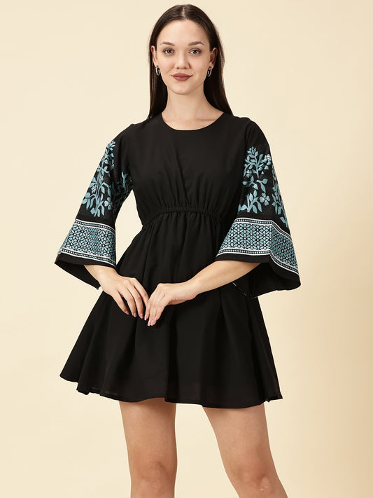 Bell Sleeve Jamdani Dress-Black