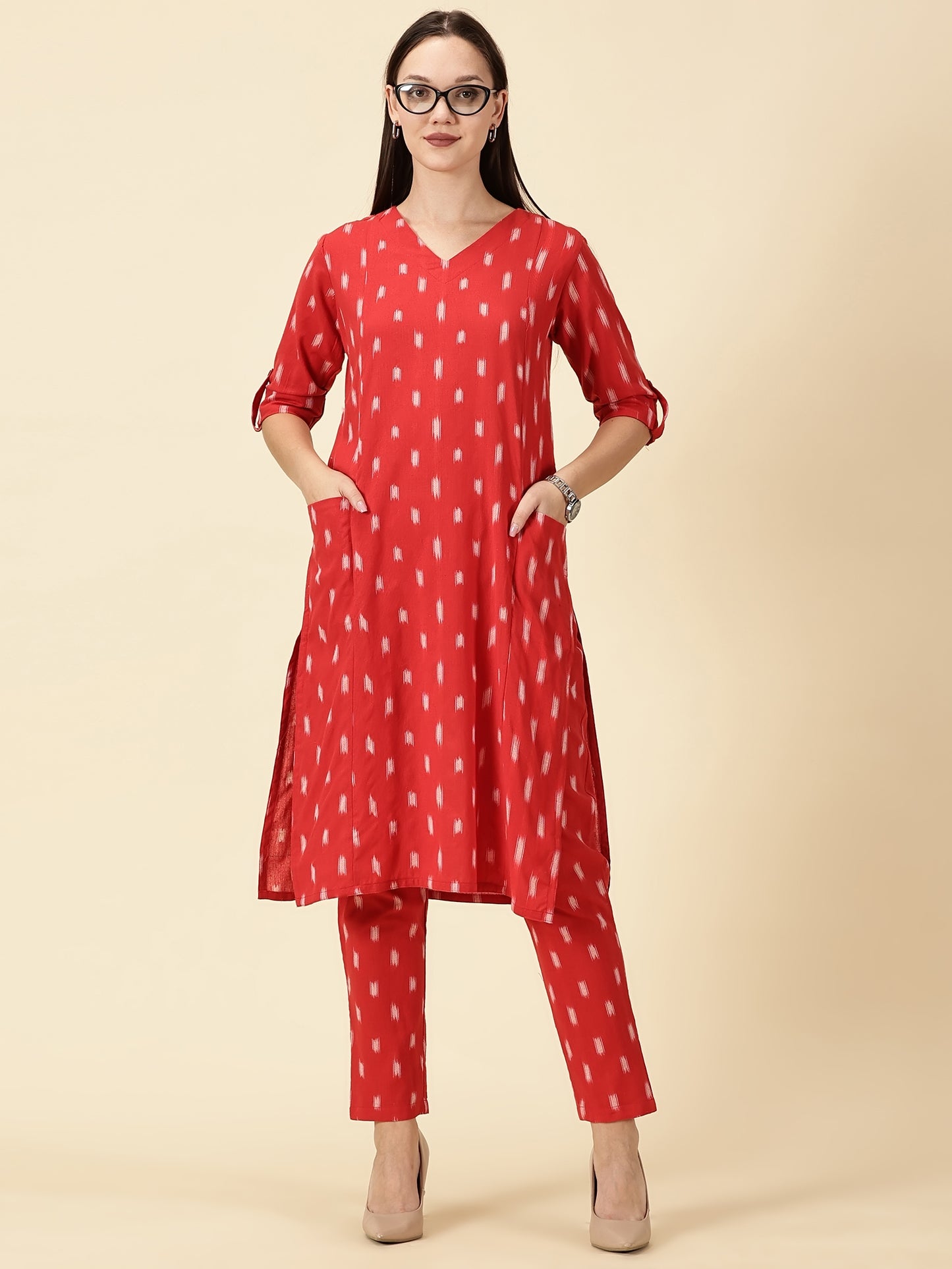 Kurta Cords-Red Handwoven Ikat