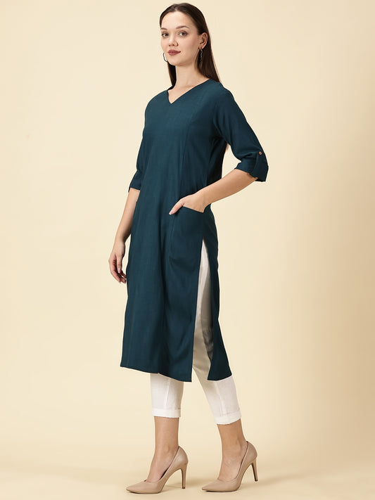 Teal Blue Cotton Viscose Lycra Kurta - Classic Workwear Edits