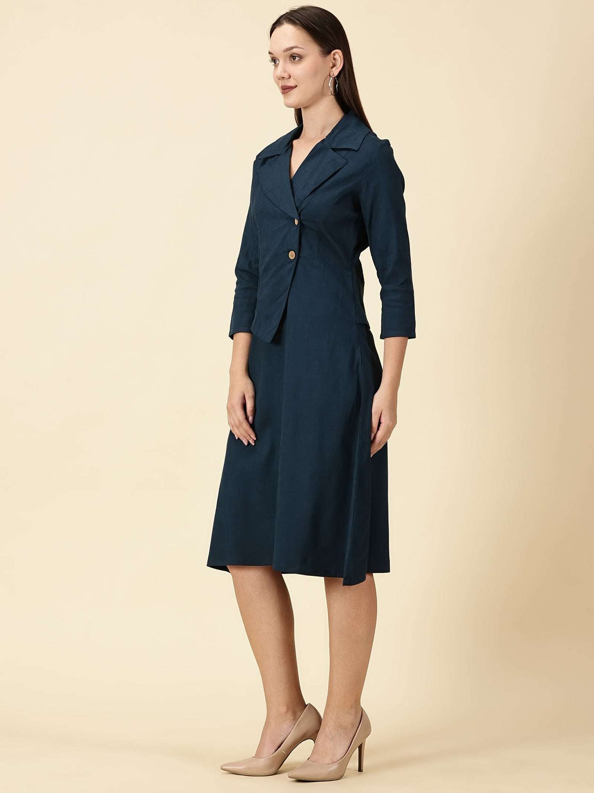 Cotton Lycra Blazer Dress-Teal Blue