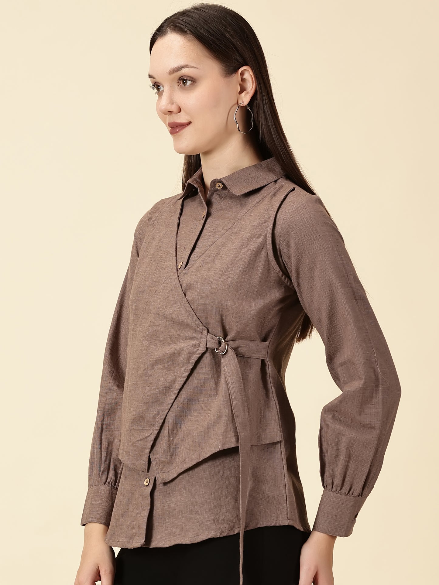 Modern Cotton Wrap Shirt-Brown