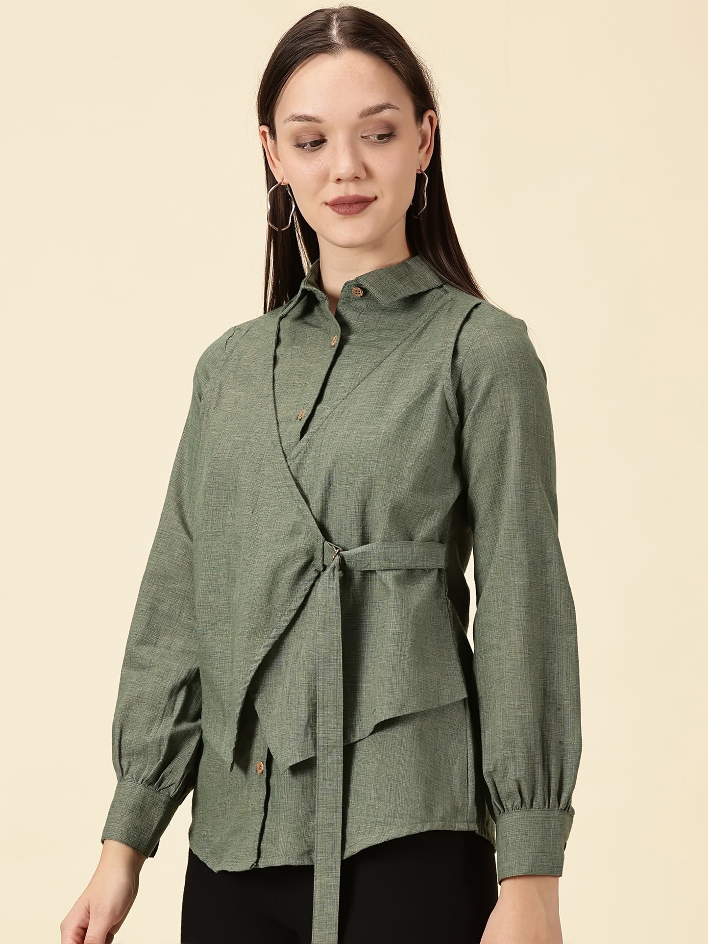 Modern Cotton Wrap Shirt-Olive Green
