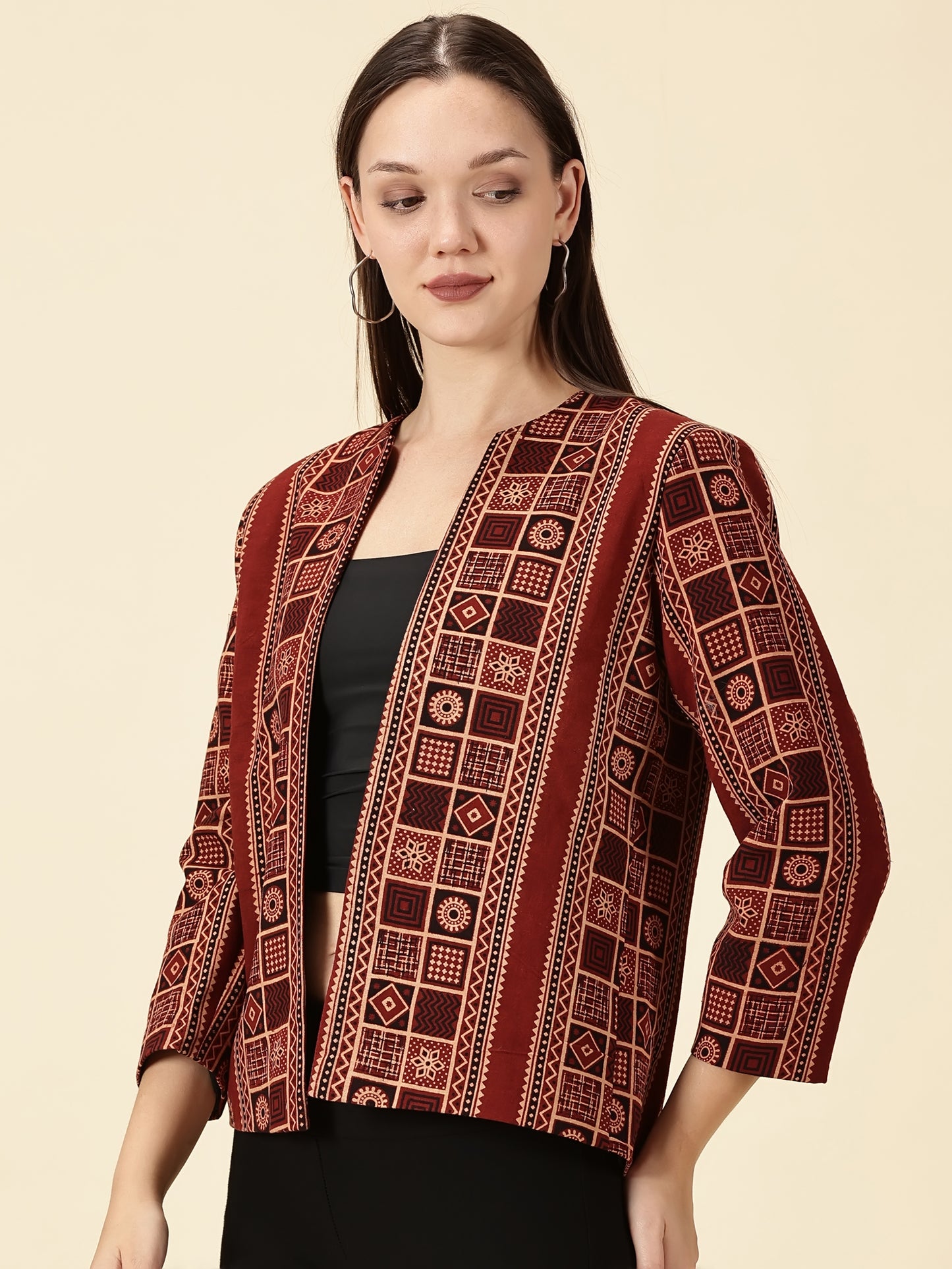 Open Front Blazer-Red Handblock Ajrak