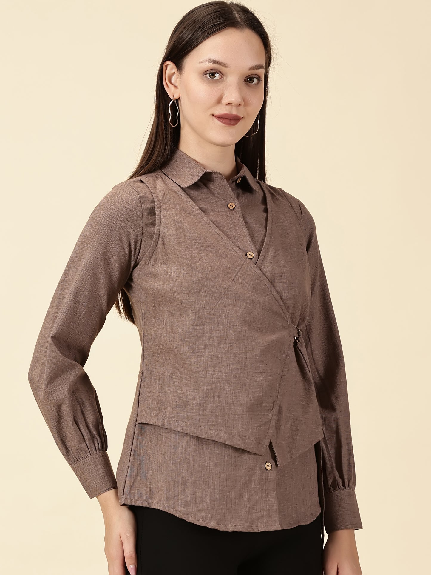 Modern Cotton Wrap Shirt-Brown