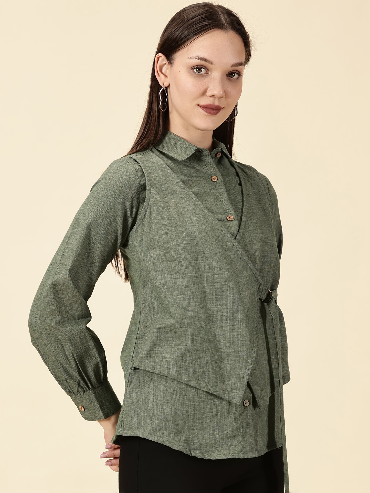 Modern Cotton Wrap Shirt-Olive Green