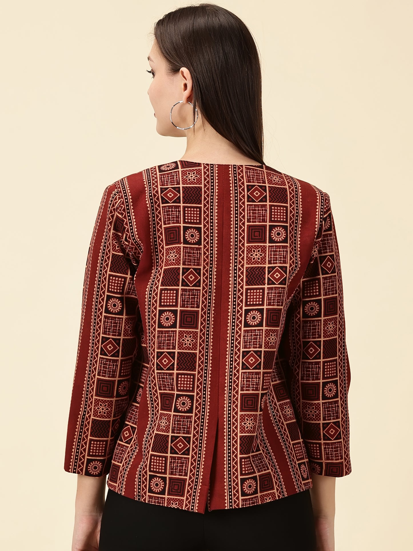 Open Front Blazer-Red Handblock Ajrak