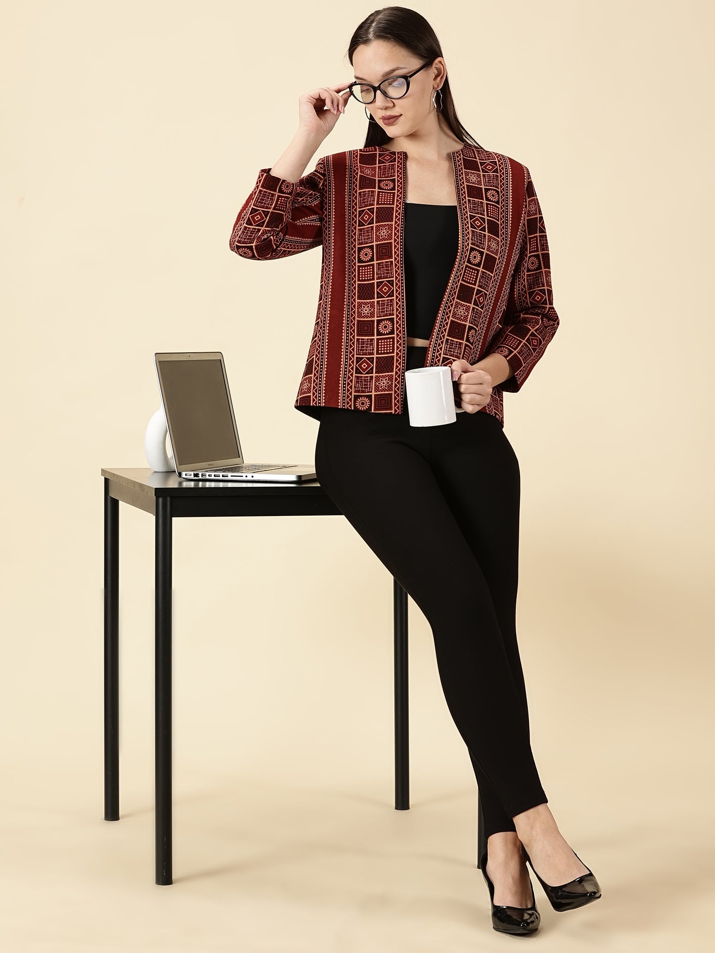 Open Front Blazer-Red Handblock Ajrak