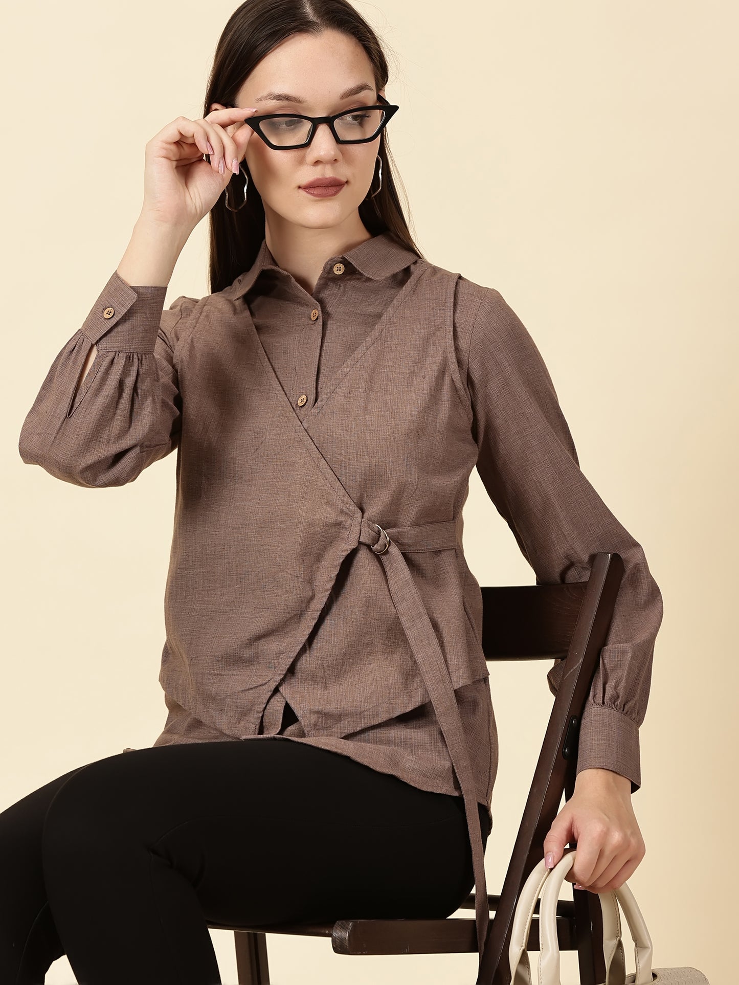 Modern Cotton Wrap Shirt-Brown