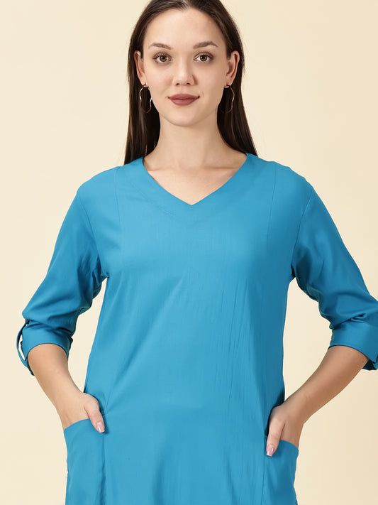 Cotton Lycra Workwear Kurta-Azure Blue