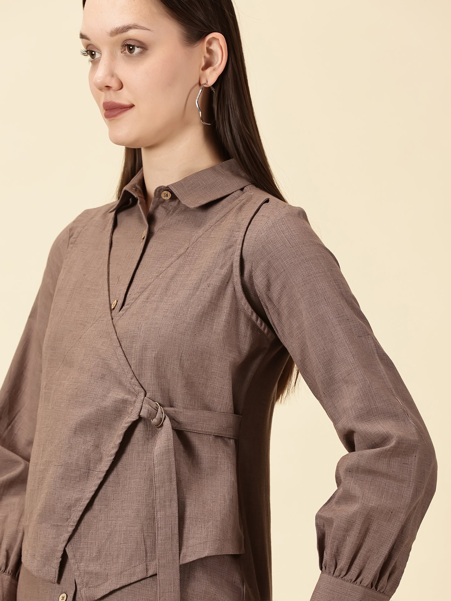 Modern Cotton Wrap Shirt-Brown