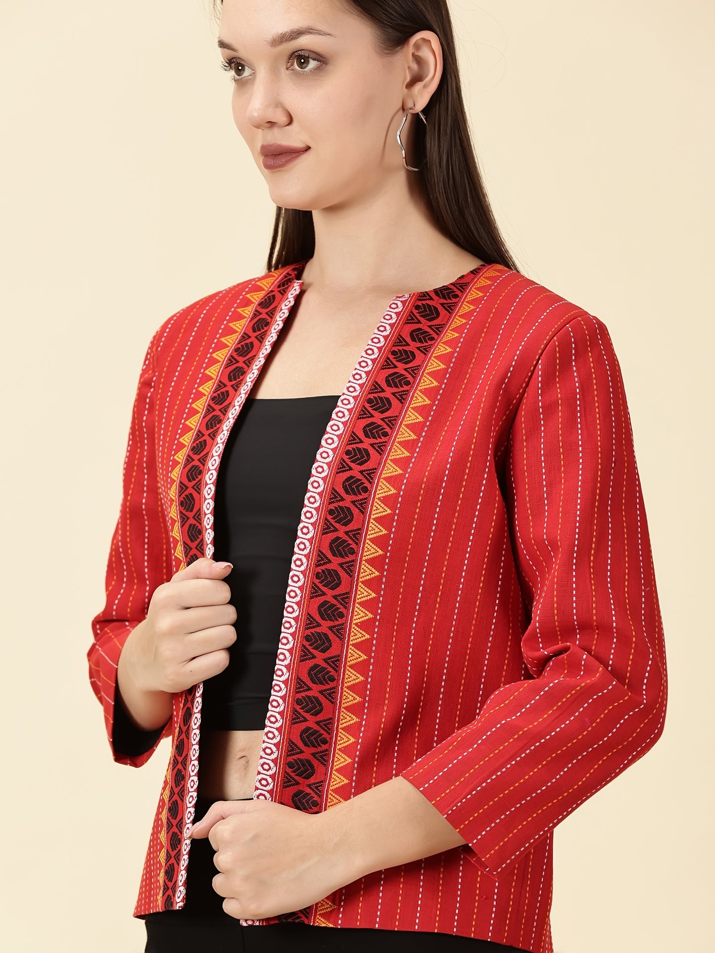 Open-Front Blazer-Red Handwoven South Cotton