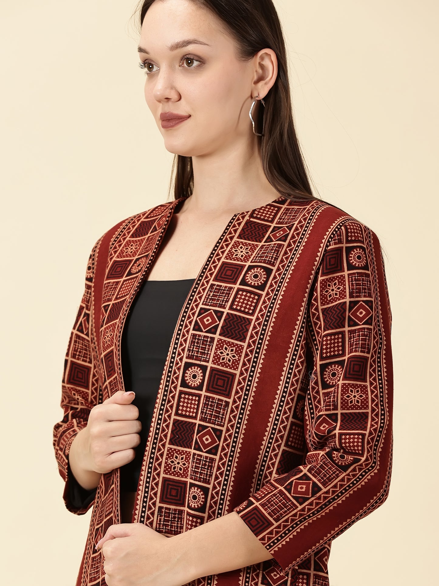 Open Front Blazer-Red Handblock Ajrak