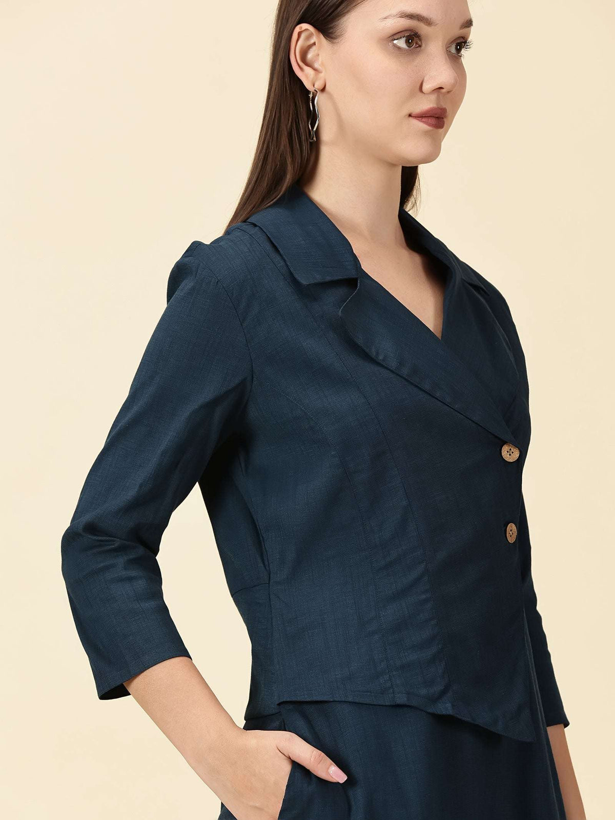 Cotton Lycra Blazer Dress-Teal Blue