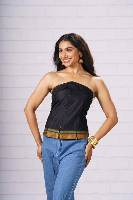 Black Tube Top with Zari Border Tradition, Rebooted. For the Bold & Beautiful.