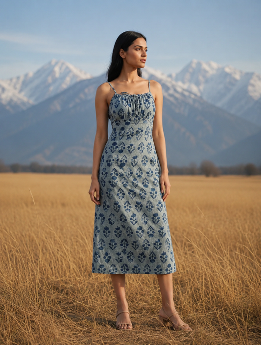 Indigo Blue Cotton Block Printed Slip Dress