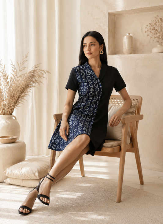 Half & Half Cotton Dress – Indigo & Black