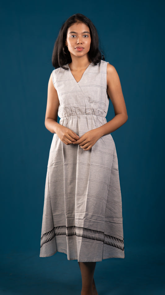 White & Black Handloom Wrap Midi Dress