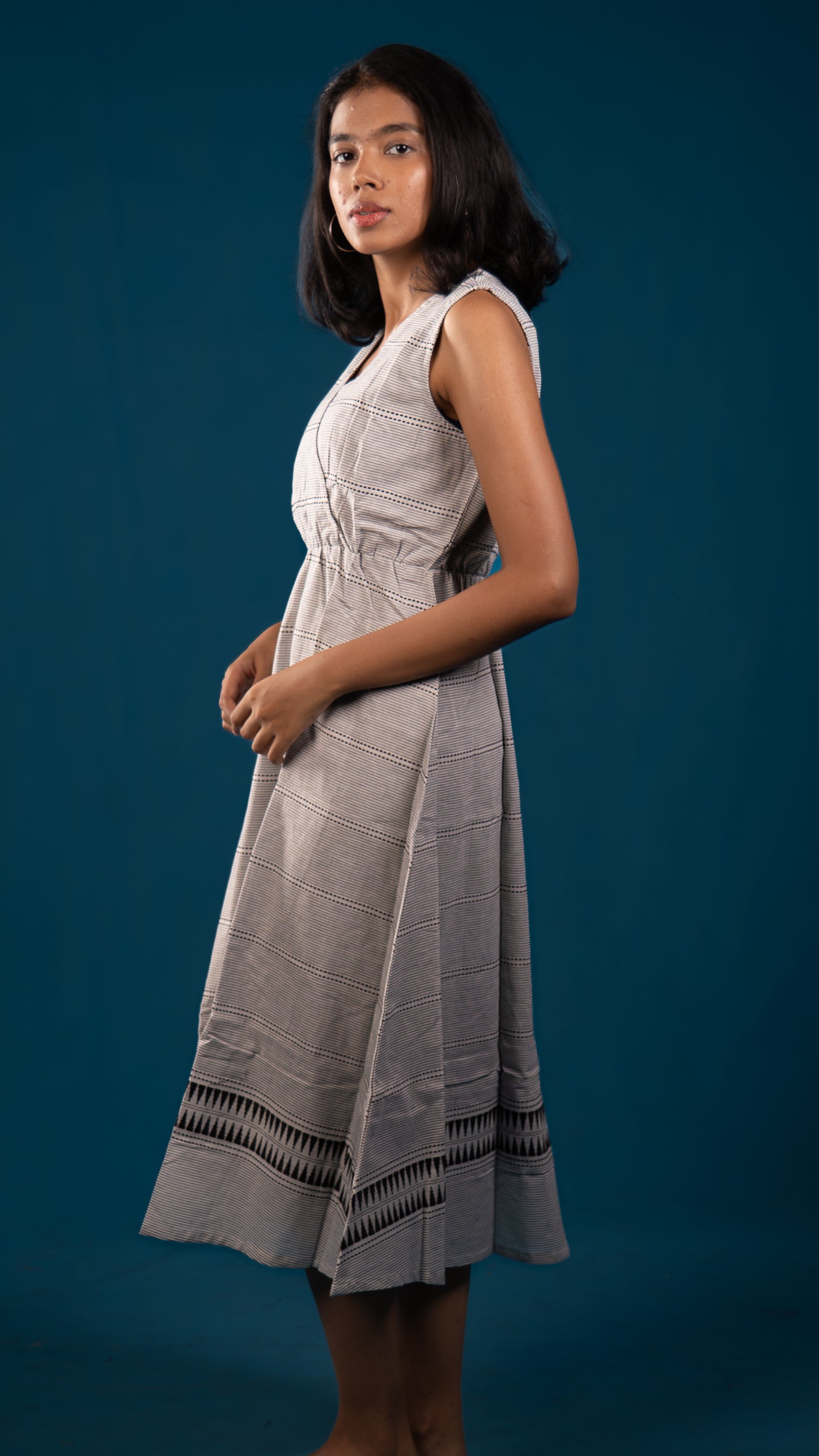 White & Black Handloom Wrap Midi Dress