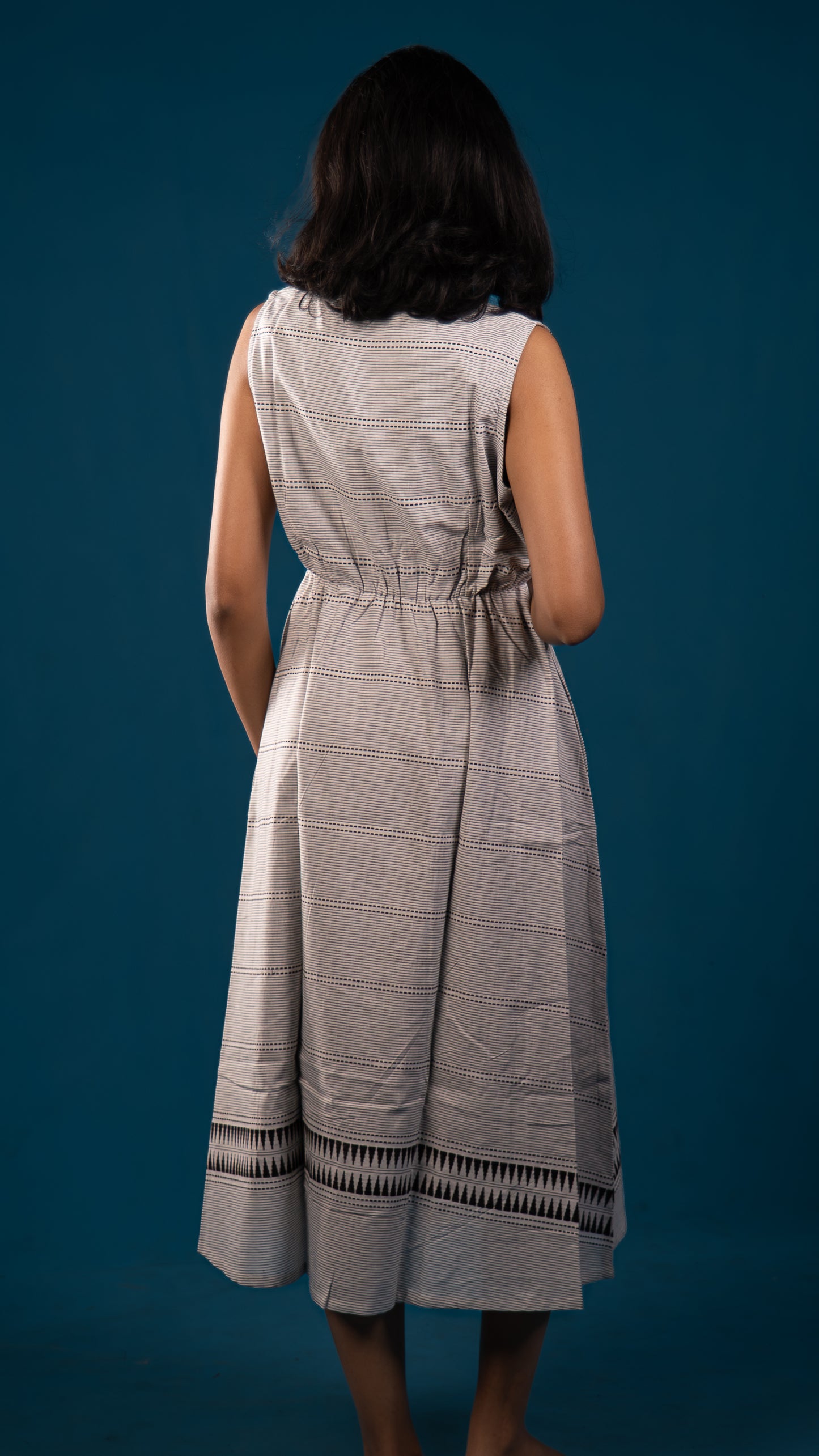 White & Black Handloom Wrap Midi Dress