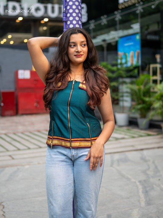 Teal Blue Tube Top with Zari Border Tradition, Rebooted. For the Bold & Beautiful.