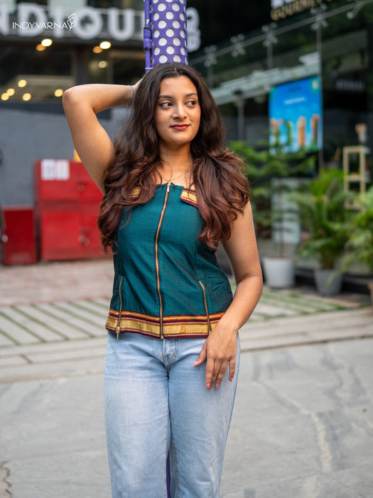 Teal Blue Tube Top with Zari Border Tradition, Rebooted. For the Bold & Beautiful.