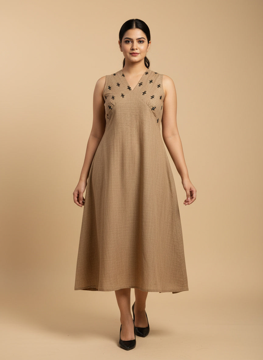 Indyvarna VEDA Handcrafted Cotton Midi Dress – Beige
