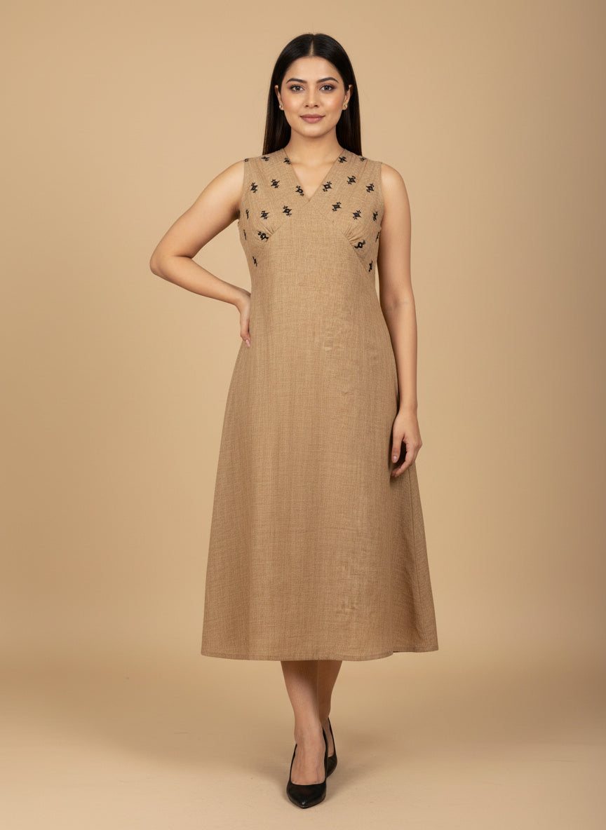Indyvarna VEDA Handcrafted Cotton Midi Dress – Beige