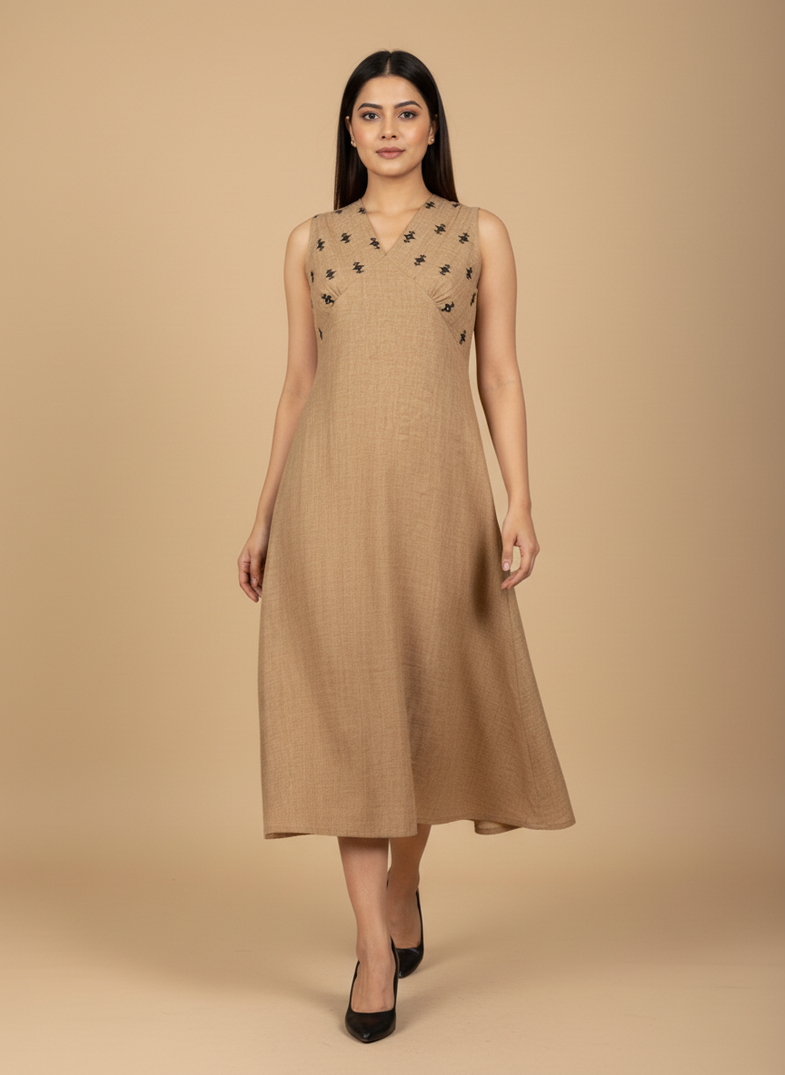Indyvarna VEDA Handcrafted Cotton Midi Dress – Beige
