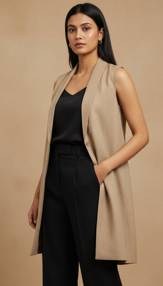 Indyvarna AAROH Heritage Motif Back-Print Overlay Shrug- BEIGE