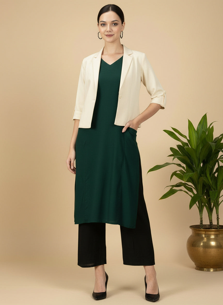 Deep Bottle Green Cotton Viscose Lycra Kurta - Classic Workwear Edits