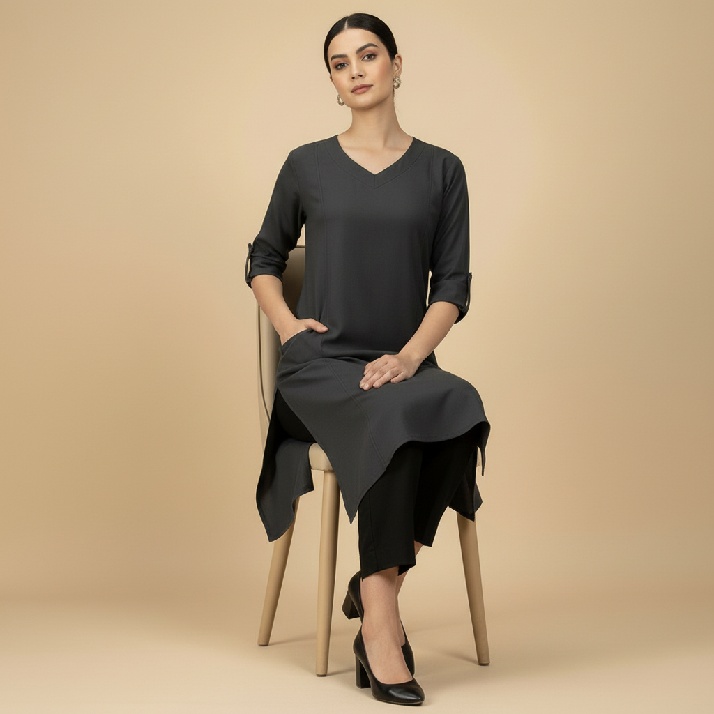 Dark Charcoal Grey Cotton Viscose Lycra Kurta - Classic Workwear Edits