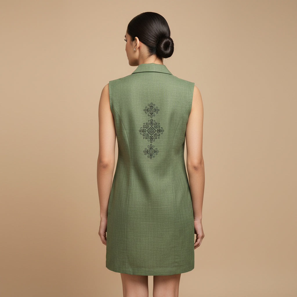 Indyvarna AAROH Heritage Motif Back-Print Overlay Shrug- GREEN