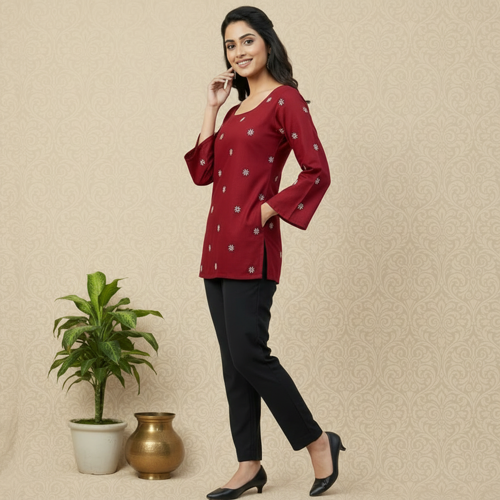 ndyvarna DISHA Deep U-Back Cotton Kurti -MARRON MAGIC