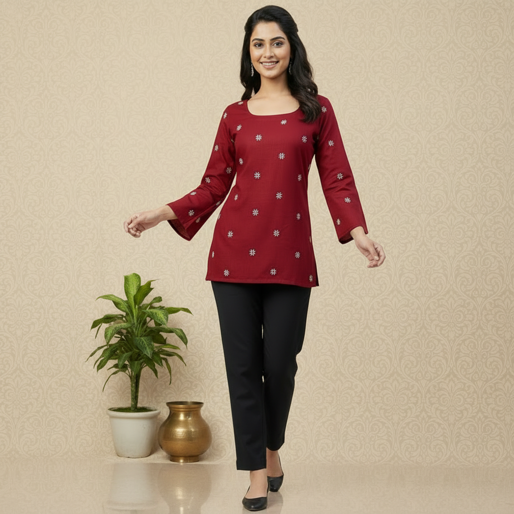 ndyvarna DISHA Deep U-Back Cotton Kurti -MARRON MAGIC