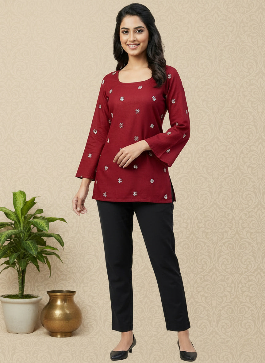 ndyvarna DISHA Deep U-Back Cotton Kurti -MARRON MAGIC