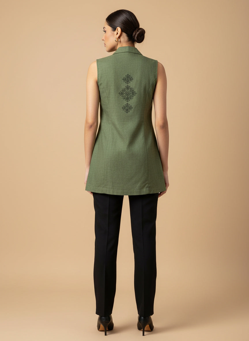 Indyvarna AAROH Heritage Motif Back-Print Overlay Shrug- GREEN