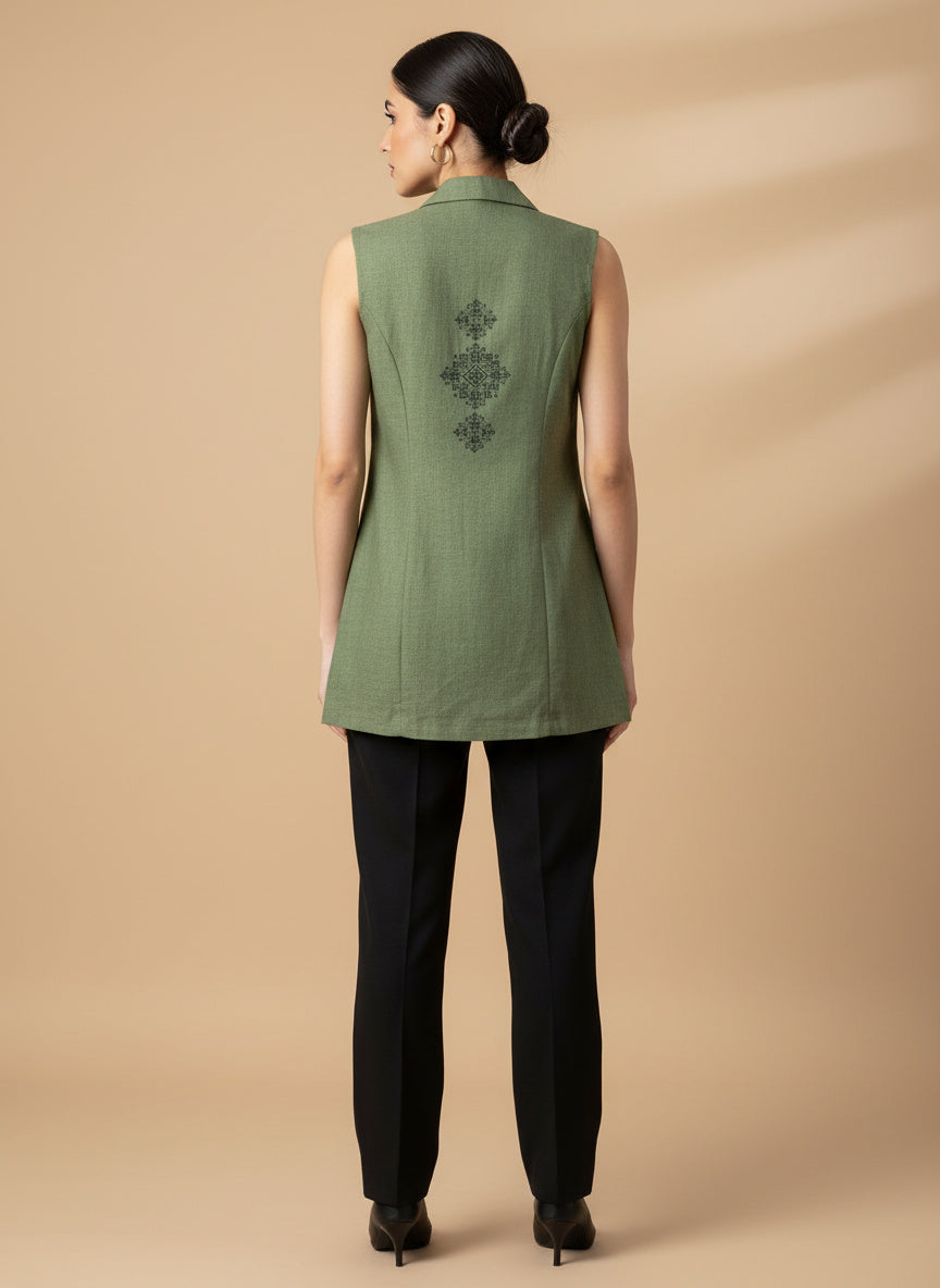 Indyvarna AAROH Heritage Motif Back-Print Overlay Shrug- GREEN