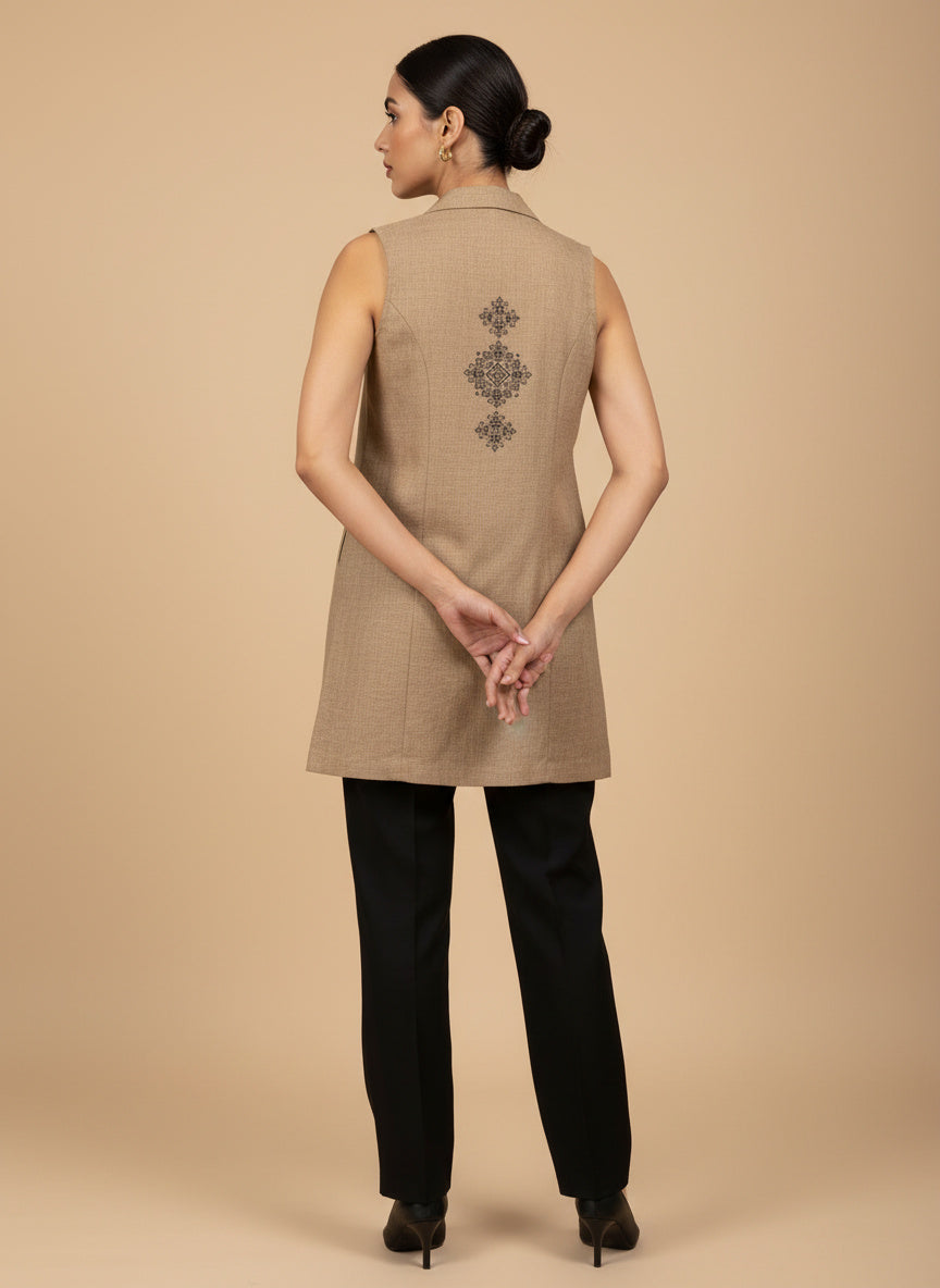 Indyvarna AAROH Heritage Motif Back-Print Overlay Shrug- BEIGE