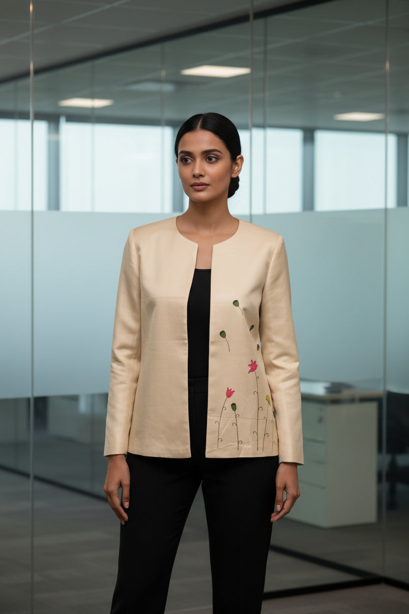 Open Front Cotton Blazer-Sand Beige Hand painted