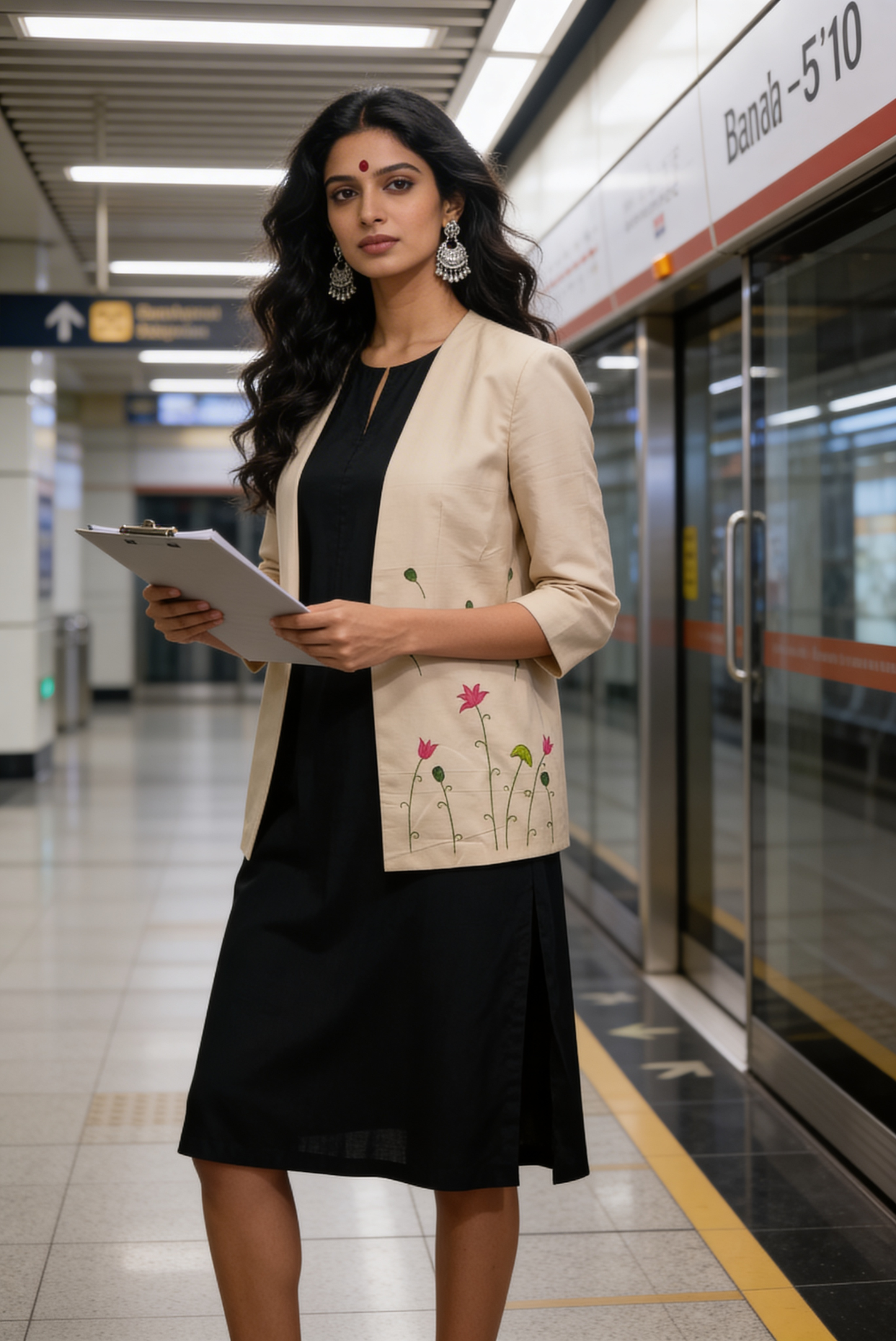 Open Front Cotton Blazer-Sand Beige Hand painted