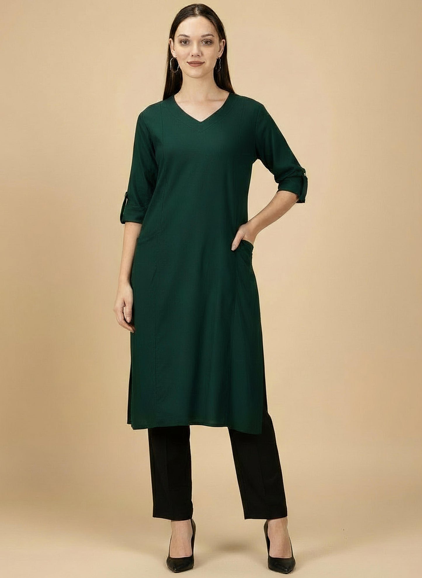 Deep Bottle Green Cotton Viscose Lycra Kurta - Classic Workwear Edits
