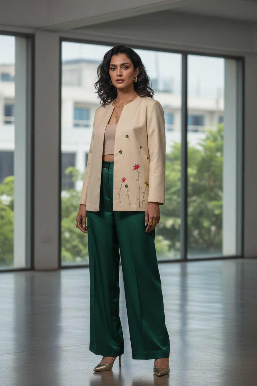 Open Front Cotton Blazer-Sand Beige Hand painted