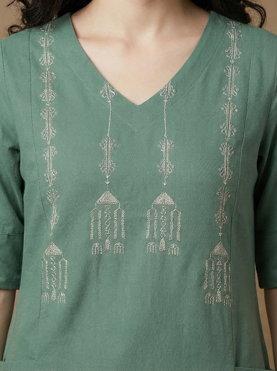 Sage Green Handcrafted Motif Cotton Kurta