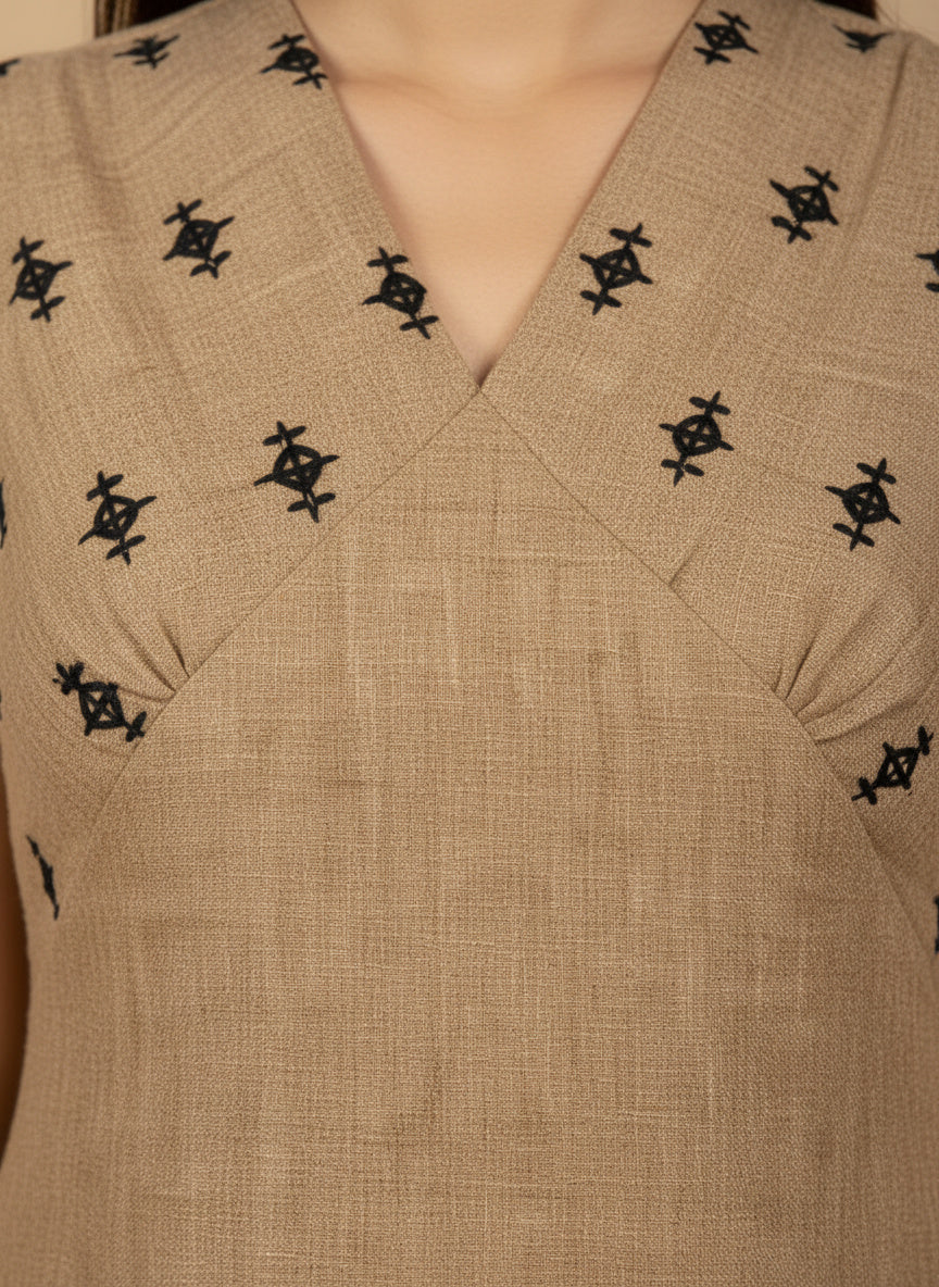 Indyvarna VEDA Handcrafted Cotton Midi Dress – Beige